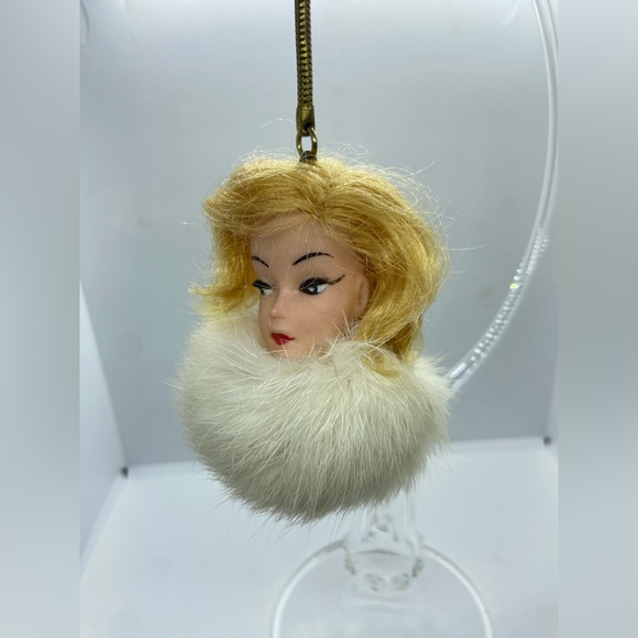 Vintage Barbie Doll Head Only Keychain Real Rabbit Tail Fur Blonde Wendy Clone - Picture 2 of 11